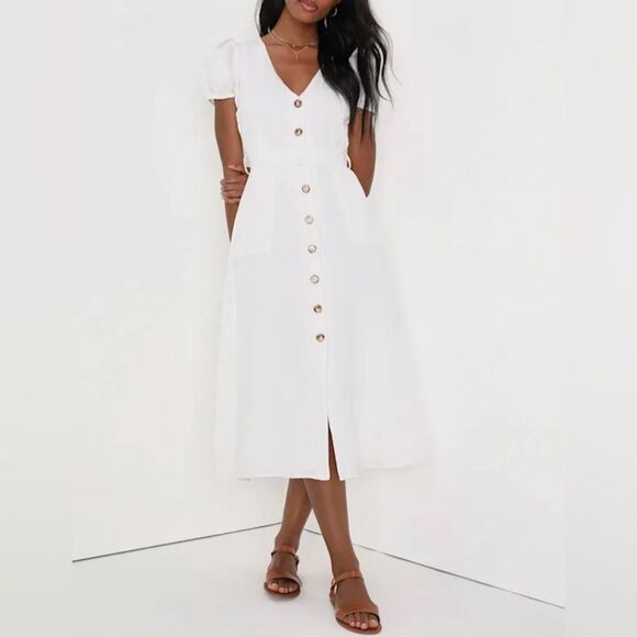 Lulu's Dresses & Skirts - NWT Lulus Sicily Sweetheart White Button Front Puff Sleeve Midi Dress Size XL